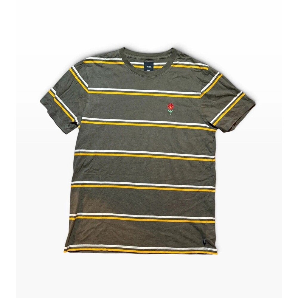 VANS Striped Embroidered Flower Tee Mens Size Medium Green Yellow White